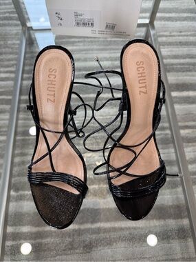 SCHUTZ Black Patent Lace-Up Strappy Heels